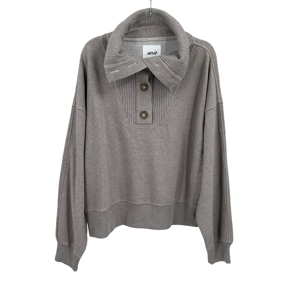 NEW Aerie Sweatshirt Women L Taupe Oversized Funnel Neck Button Relaxed Lounge